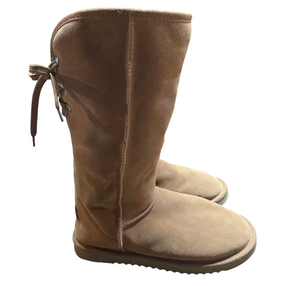 Ukala Sydney Women 8 Tall Suede Sheepskin Boot Tan Lace Up Back Merino Wool